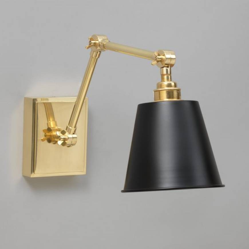 Picture of BOSTON WALL LIGHT, SHORT ARM, VERTICAL BACK PLATE, BLACK SHADE, BRASS